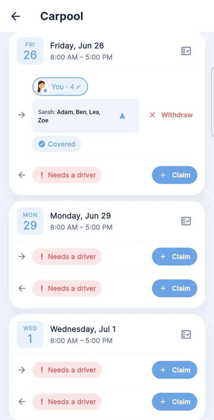 Wenlo carpool — drivers auto-assigned, pickup order