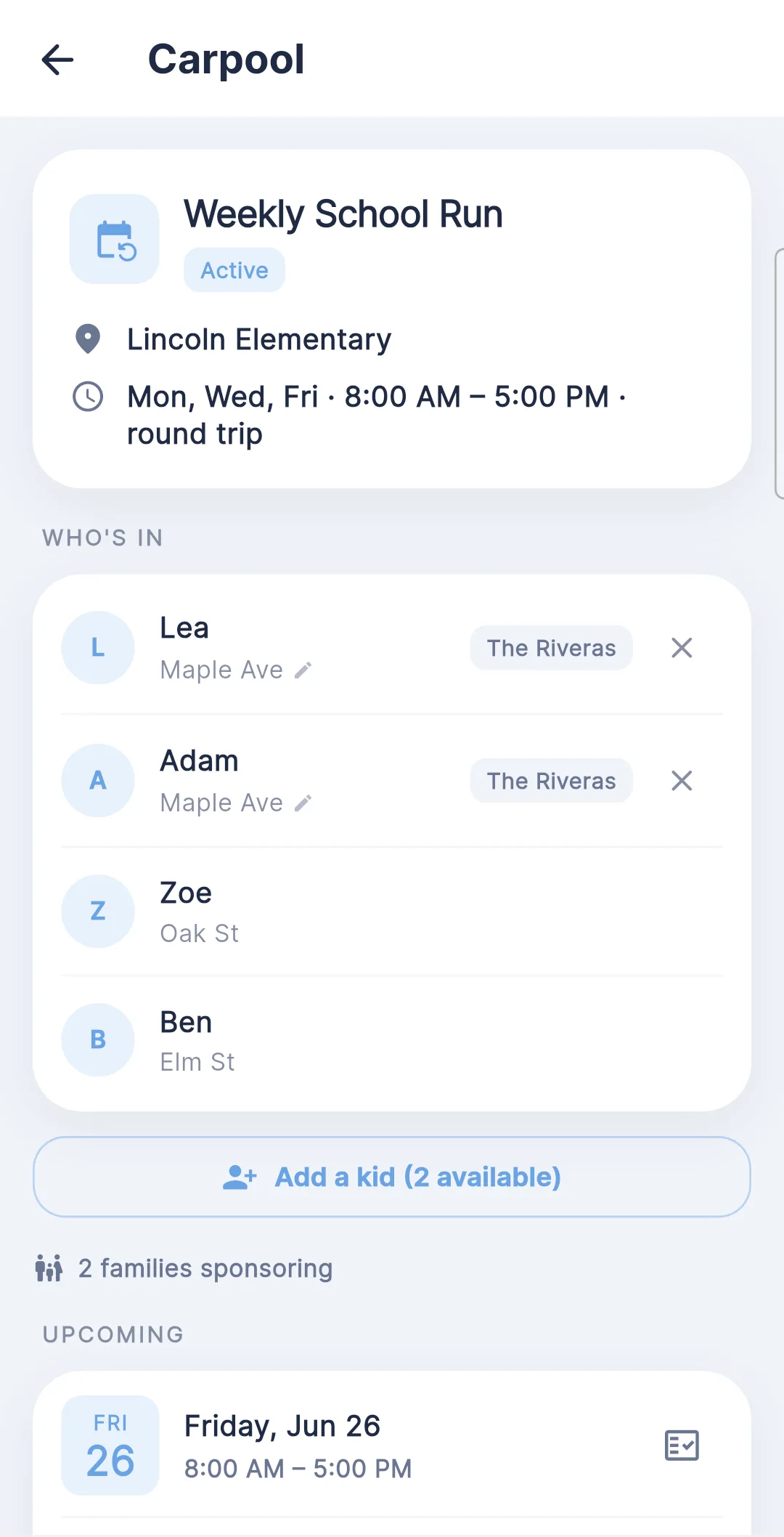 Wenlo carpool schedule showing the week’s pickups, drivers, and riders