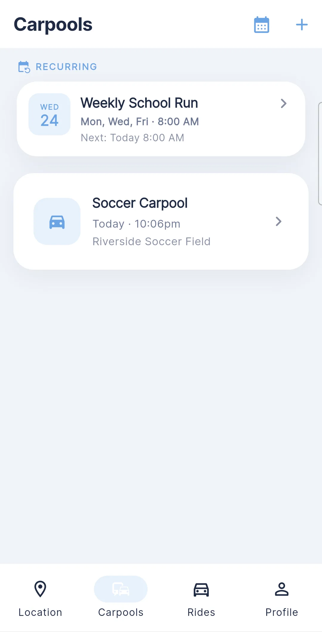 Wenlo carpools screen with weekly school run and soccer carpool