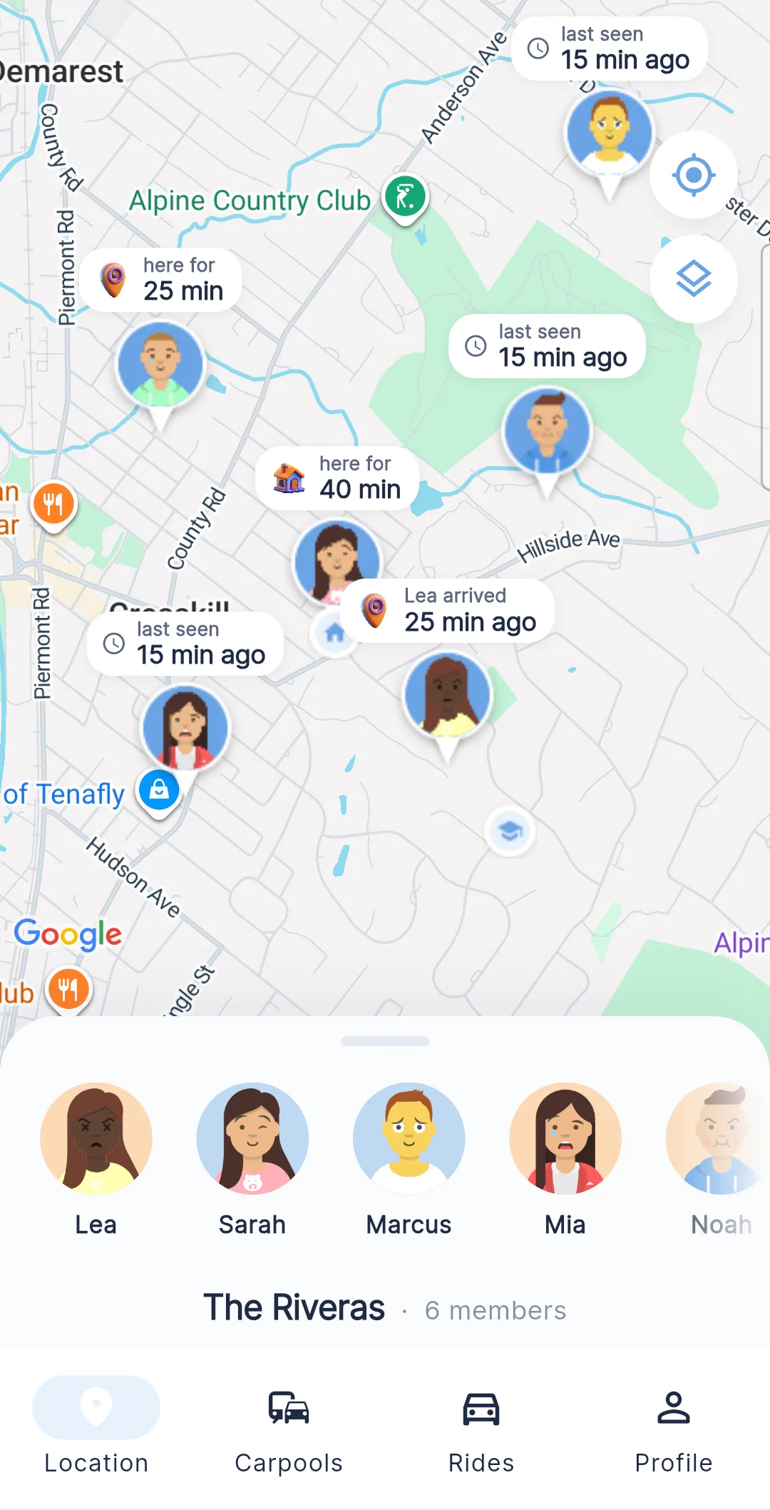 Wenlo live family map with every member’s location and arrival chips