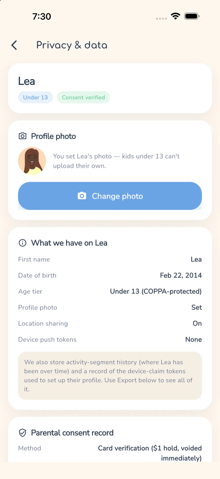 Wenlo Privacy & data screen for a child: consent record, export, and delete controls
